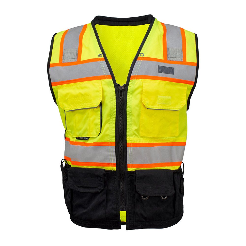 Working Vest NG-8-518: yellow vest with orange striping and a black hem