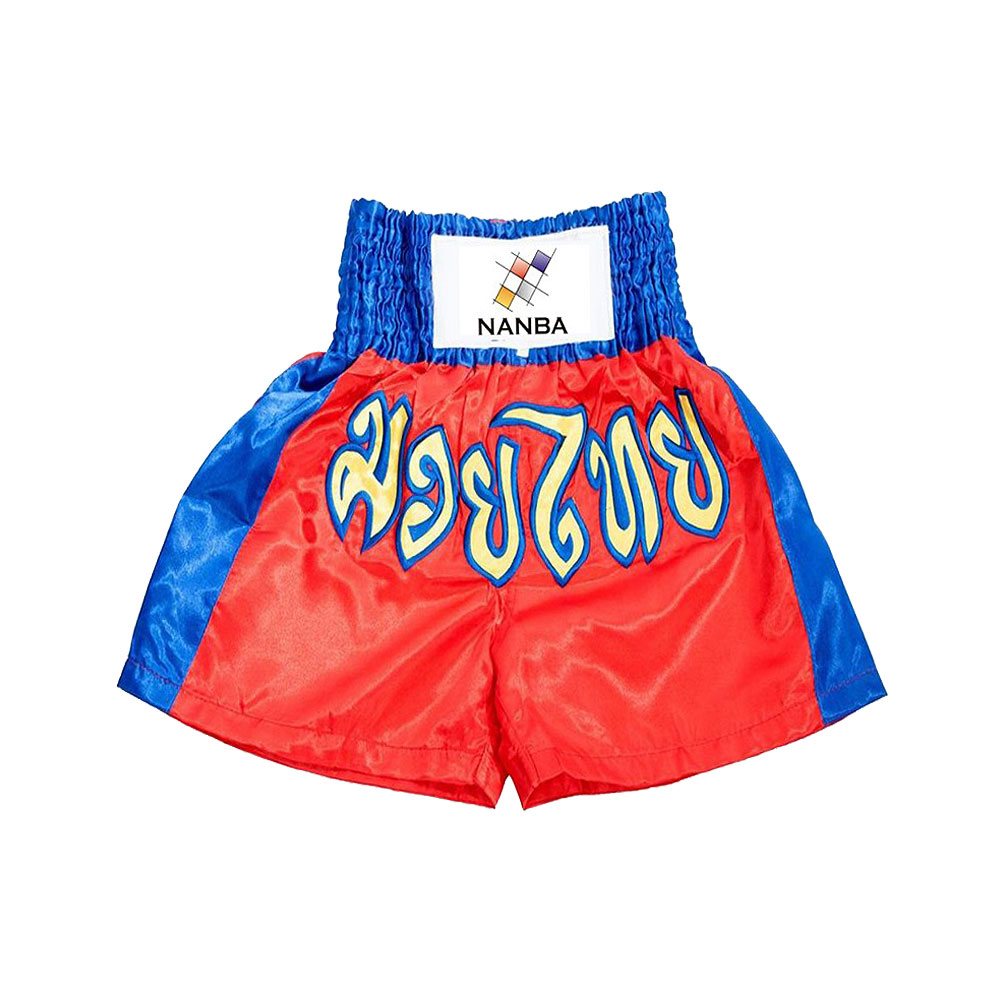 Muay Thai Short NG-2102: red with blue side panels and yellow Thai lettering