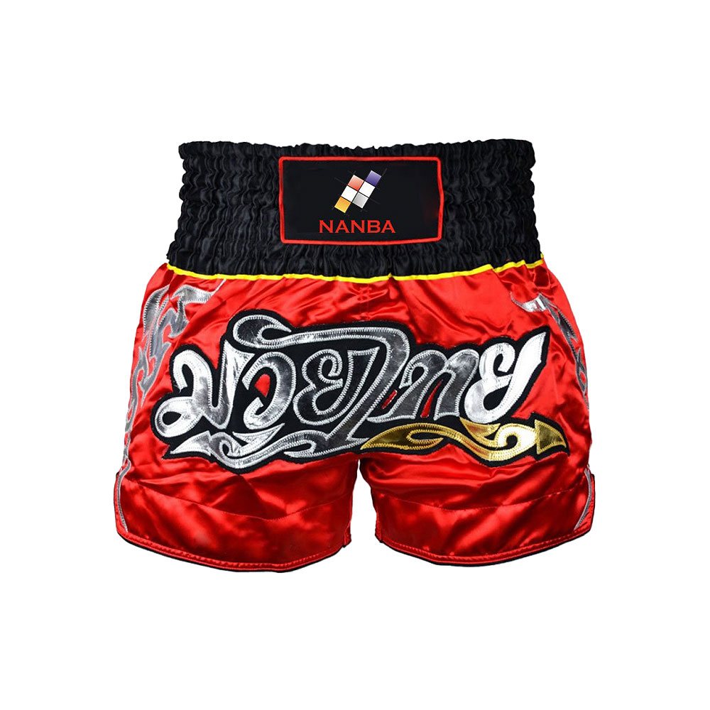Muay Thai Short NG-2103: red with a black waistband and silver lettering