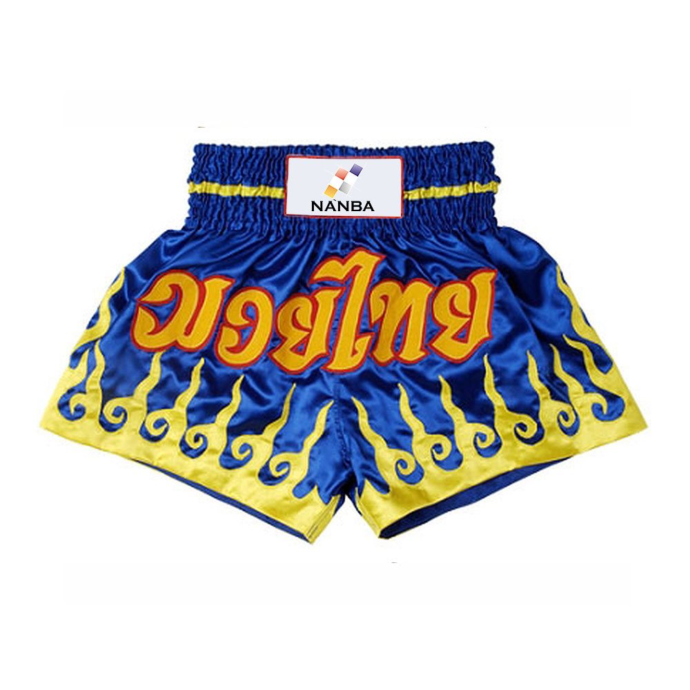 Muay Thai Short NG-2111: royal blue with yellow flames along the hem