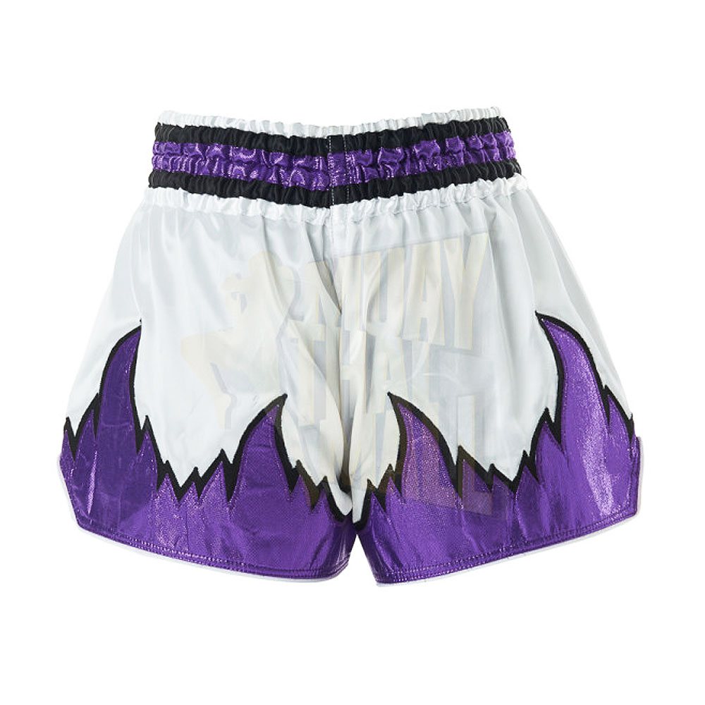 Muay Thai Short NG-2119: white with purple flame panels at the hem