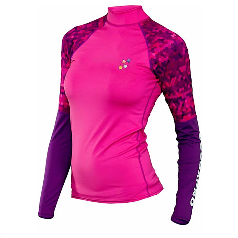 Full Sleeve Rash Guard NG-106: hot pink with patterned purple sleeves