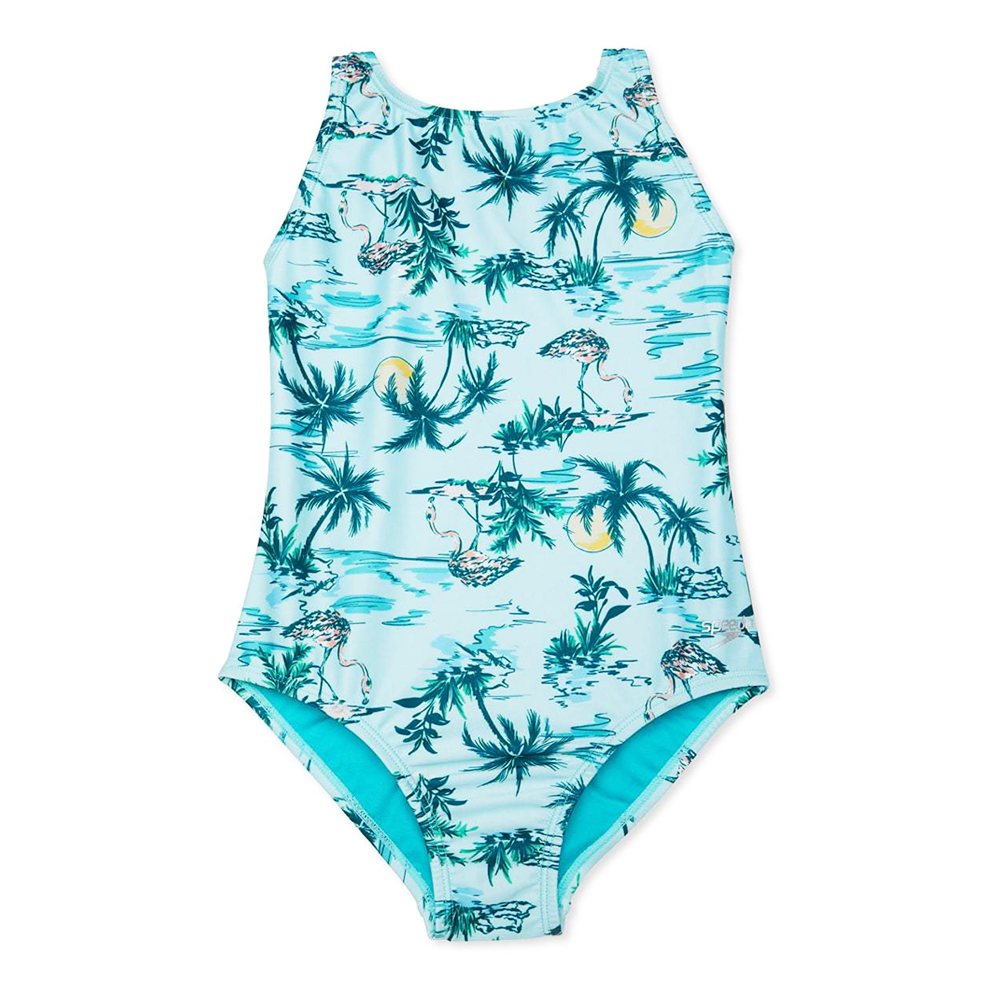 Swimming Wear NG-807: pale blue swimsuit with a teal palm print