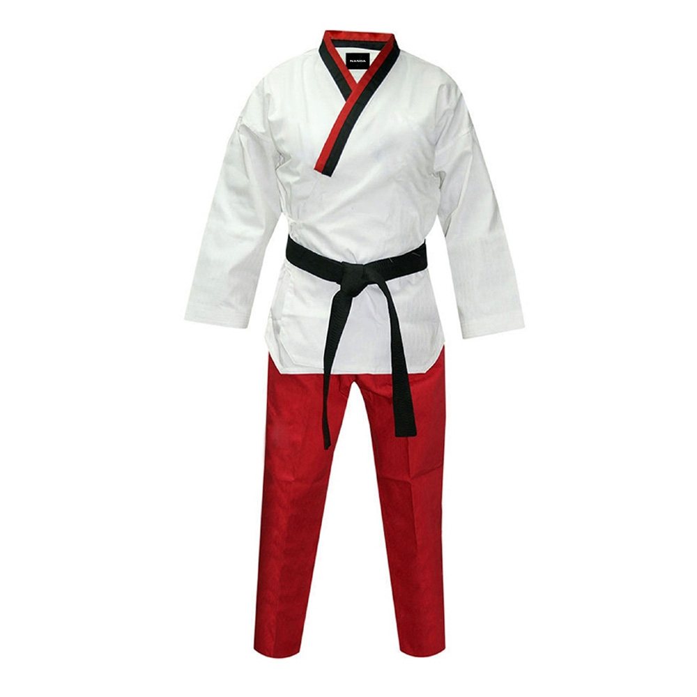 Taekwondo Uniform NG-4605: white top with red trousers and a red-black collar