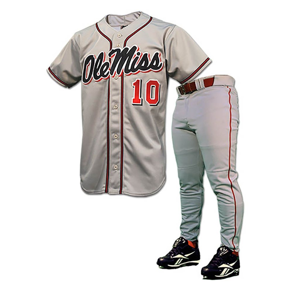 Baseball Uniform NG-3202: grey jersey with red and navy script lettering