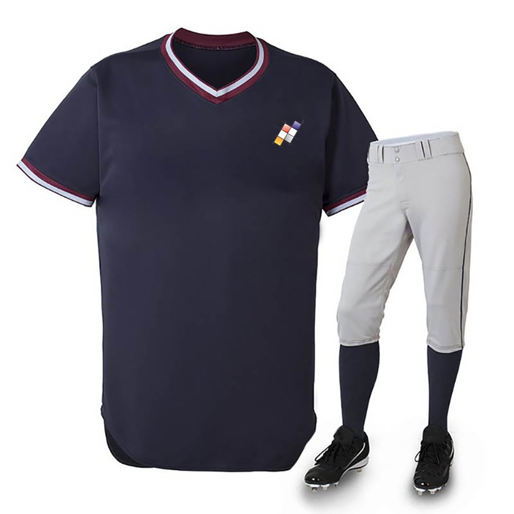 Baseball Uniform NG-3203: navy V-neck jersey with striped trim, grey pants