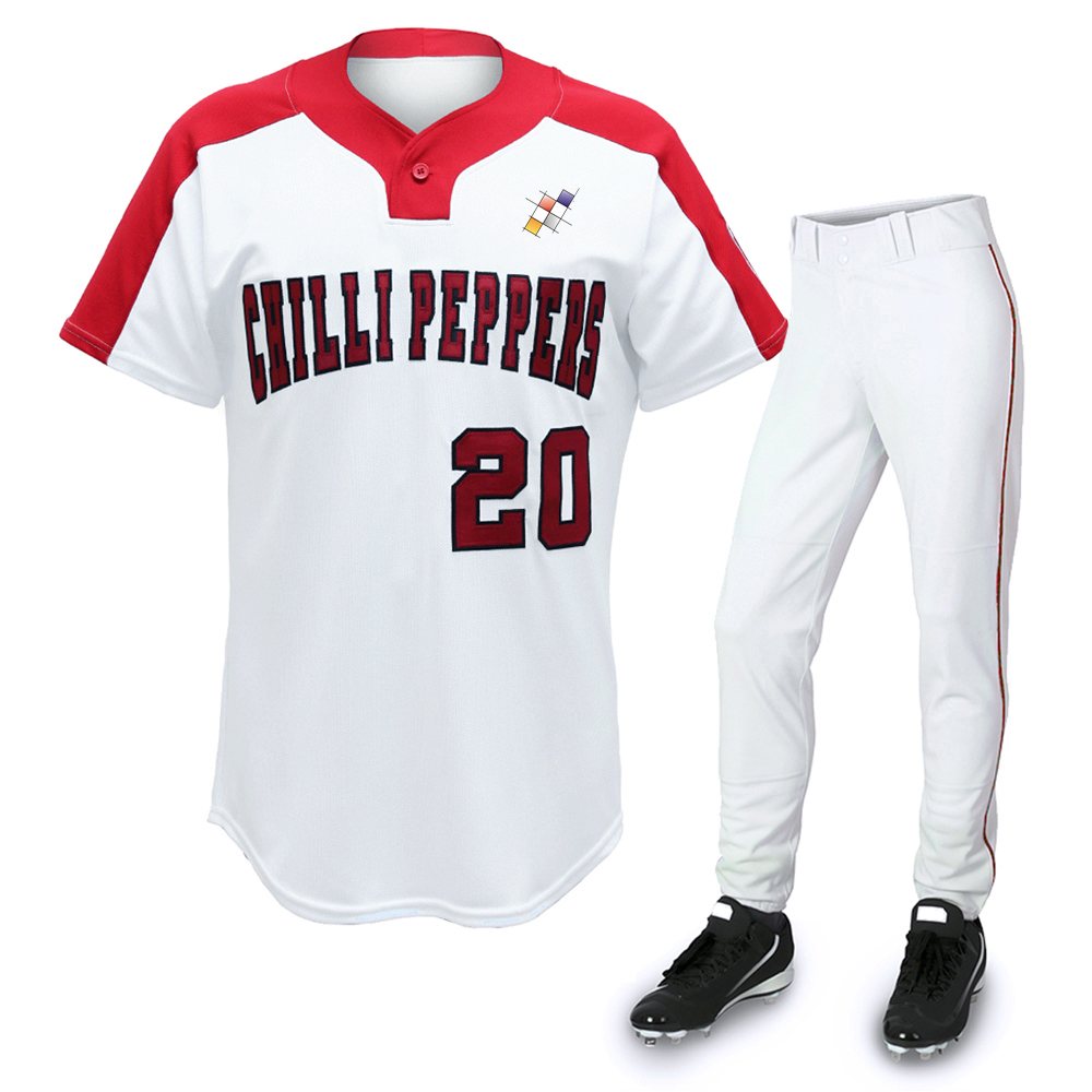 Baseball Uniform NG-3208: white jersey with red shoulders and maroon lettering