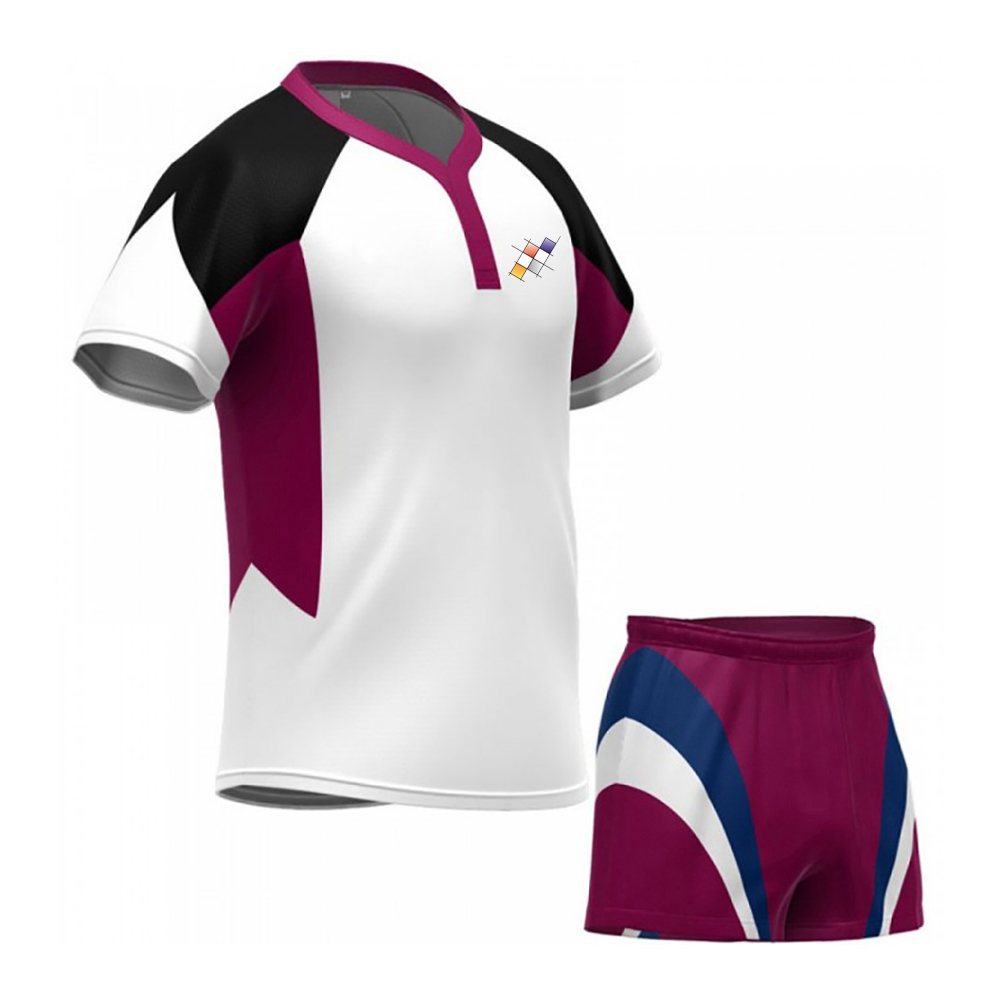 Rugby Ball Uniform NG-3408: white jersey with maroon and black panels