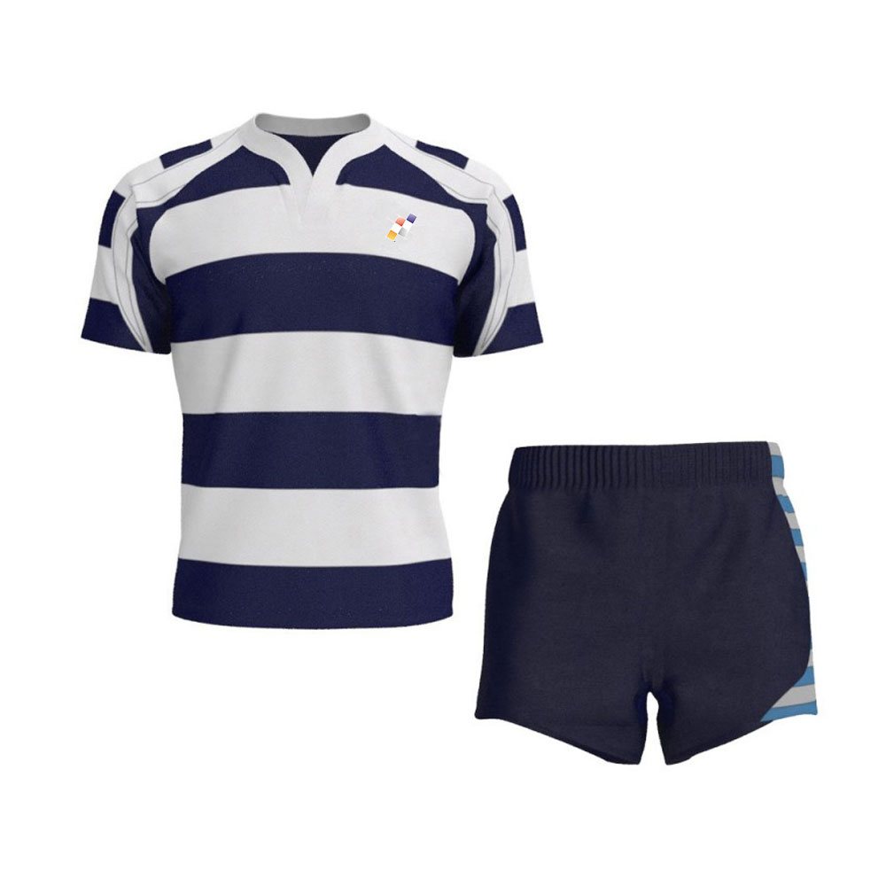 Rugby Ball Uniform NG-3411: navy and white hooped jersey with navy shorts