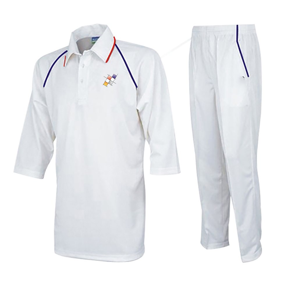 Cricket Uniform NG-3605: white shirt and trousers with fine coloured piping