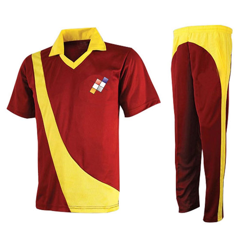 Cricket Uniform NG-3610: maroon shirt with a yellow diagonal band