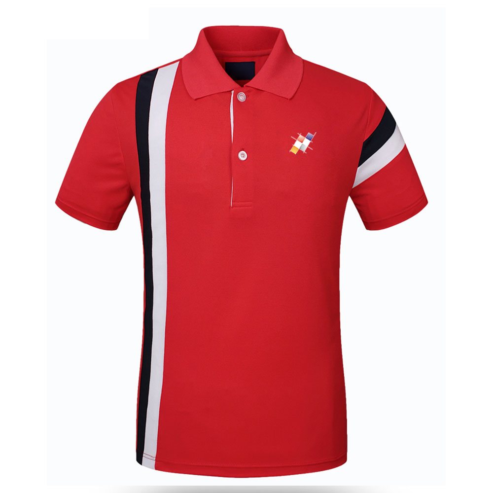 Polo Shirt NG-3811: red polo with white and navy vertical stripes