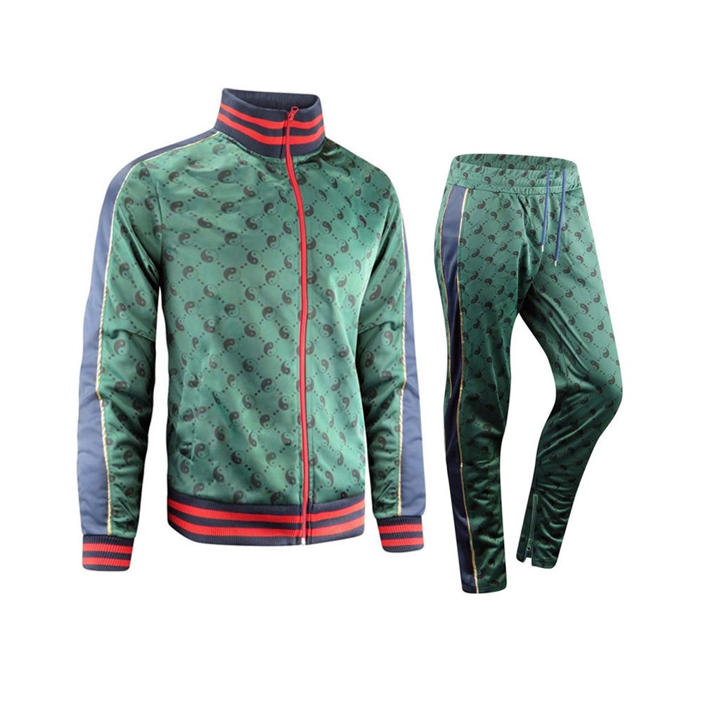 Track Suit NG-31013: green patterned tracksuit with striped trim