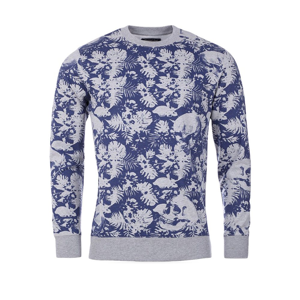 Sweat Shirt NG-31120: navy sweatshirt with a grey leaf and skull print