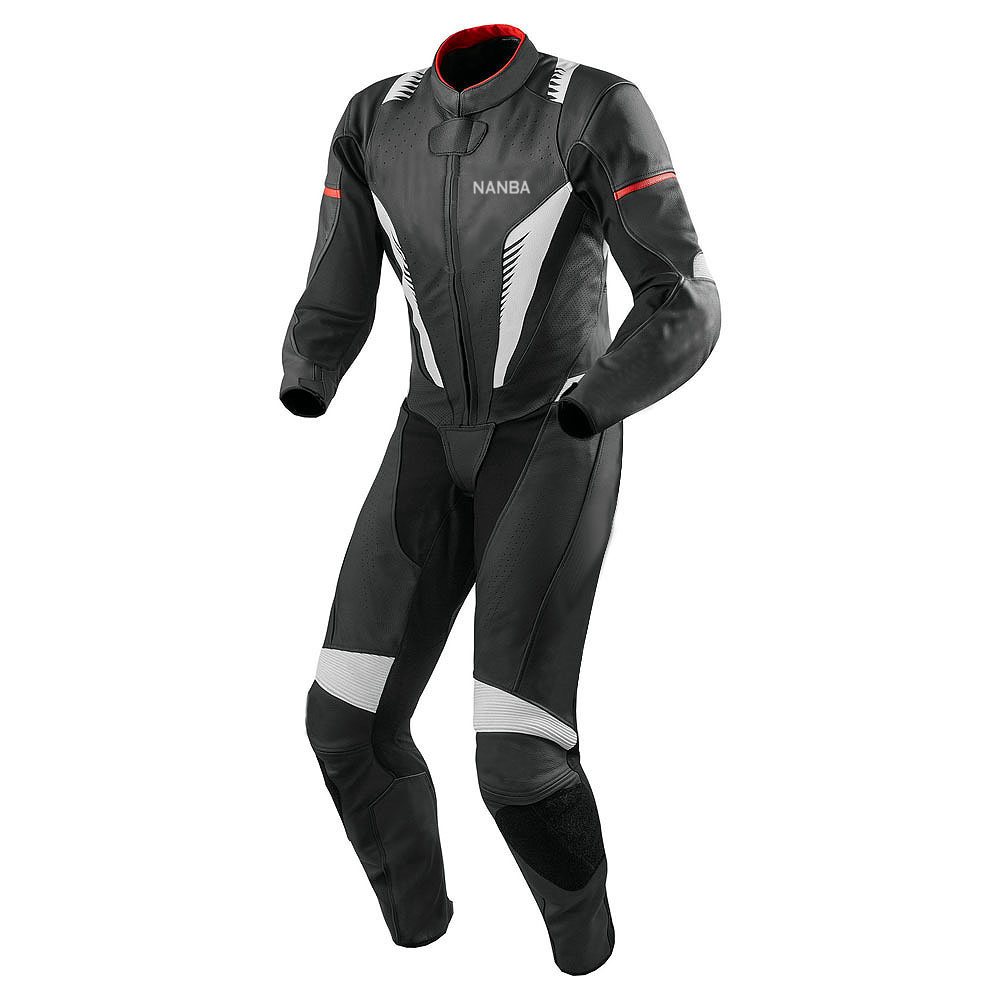 Motorbike Suit NG-6402: black suit with white chest panels and red trim