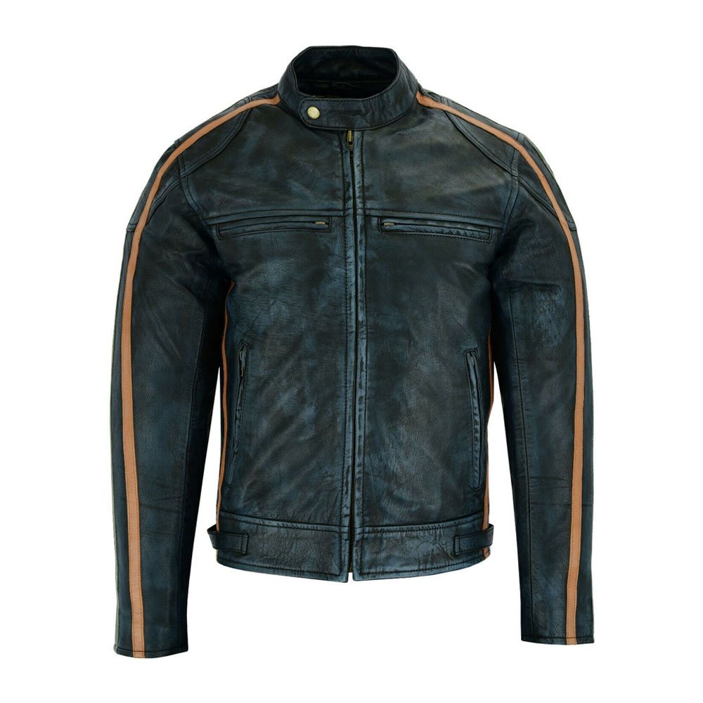 Motorbike Jacket NG-6521: dark blue-black jacket with tan sleeve stripes