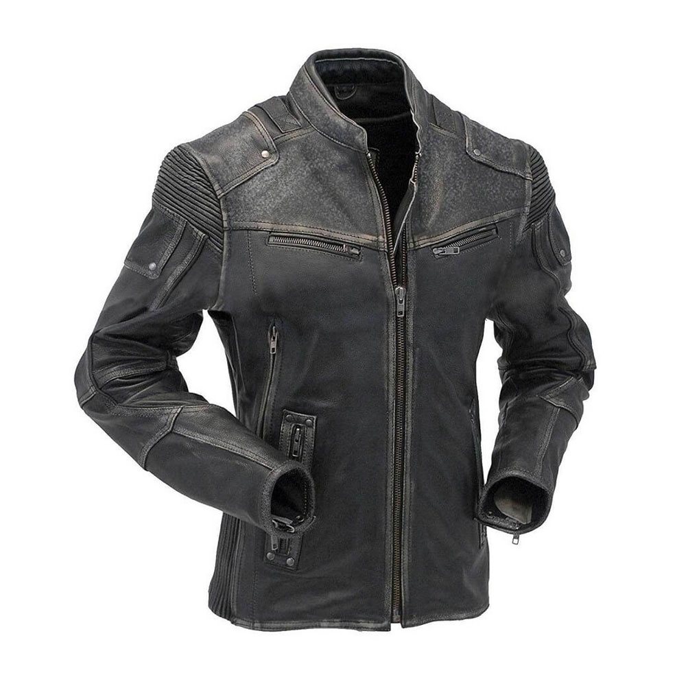 Motorbike Jacket NG-6523: distressed charcoal jacket with ribbed shoulders