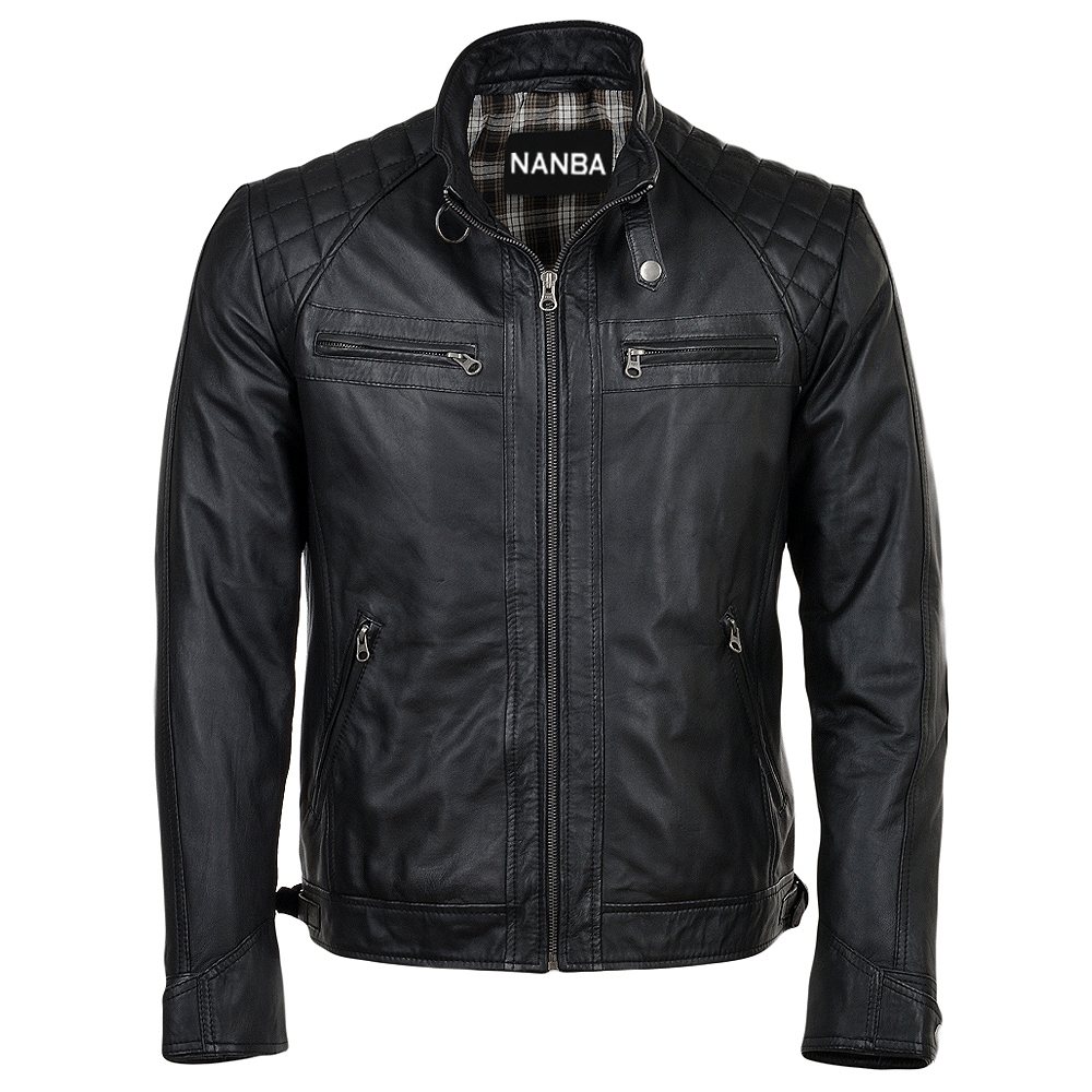 Men Fashion Jacket NG-6907: black jacket with quilted shoulders and a check lining