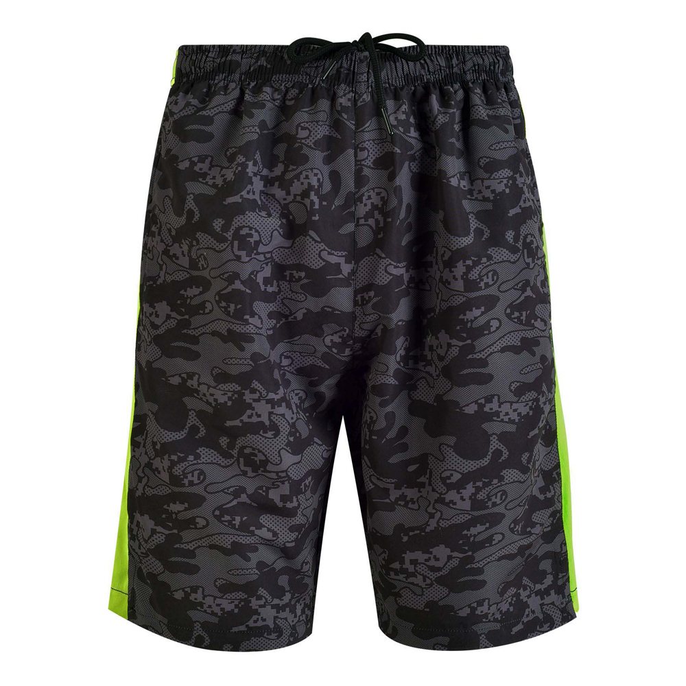 Gym Short NG-7-405: grey camouflage shorts with a neon green stripe