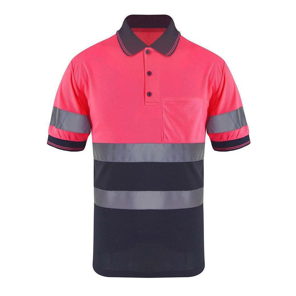 Working Polo Shirt NG-8-320: pink polo with a charcoal lower body and bands